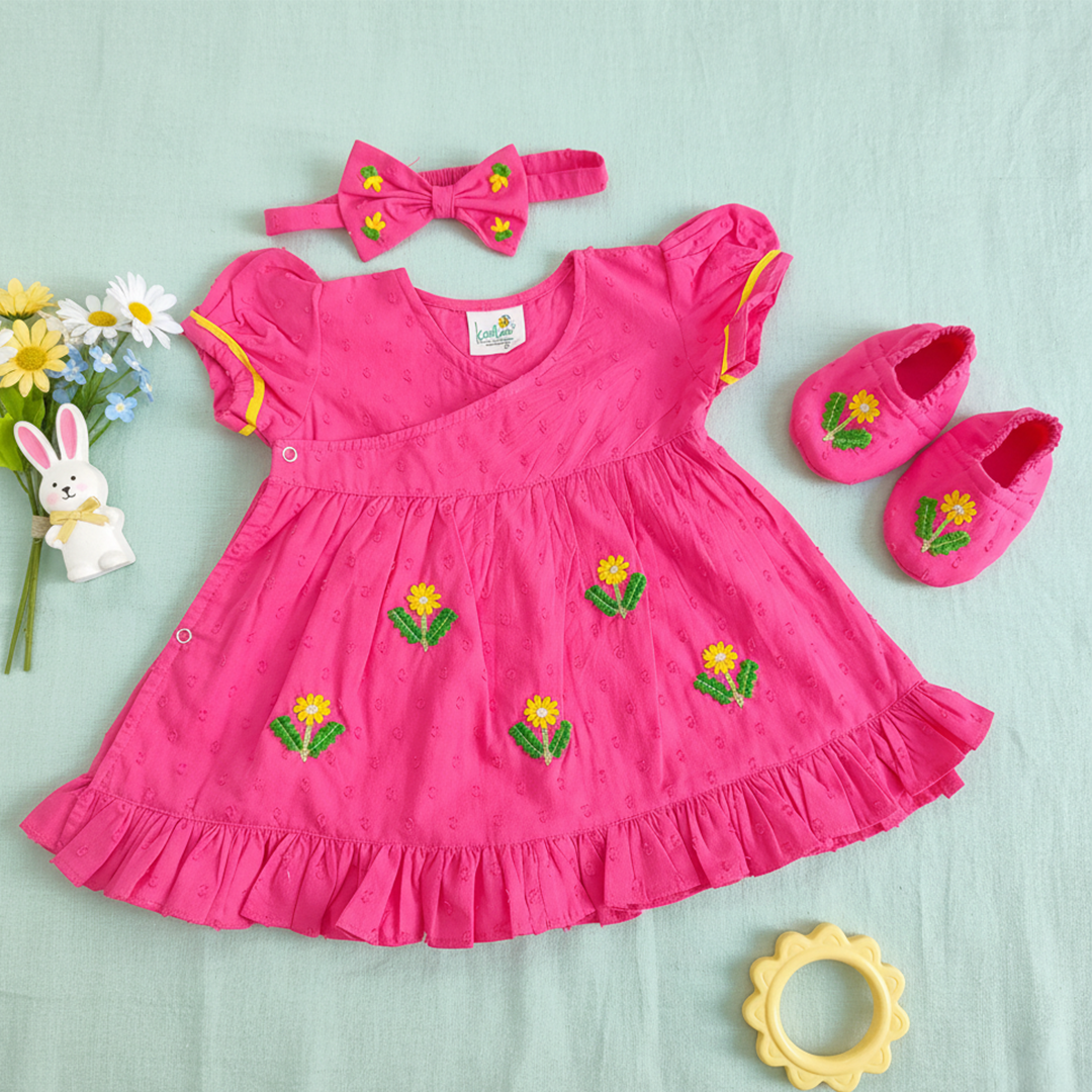 Keebee Organic Cotton Baby Girl Embroidered Hot Pink Wrap Dress and Accessories Set - Yellow Bloom