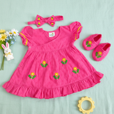 Baby Girl Embroidered Hot Pink Wrap Dress and Accessories Set - Yellow Bloom