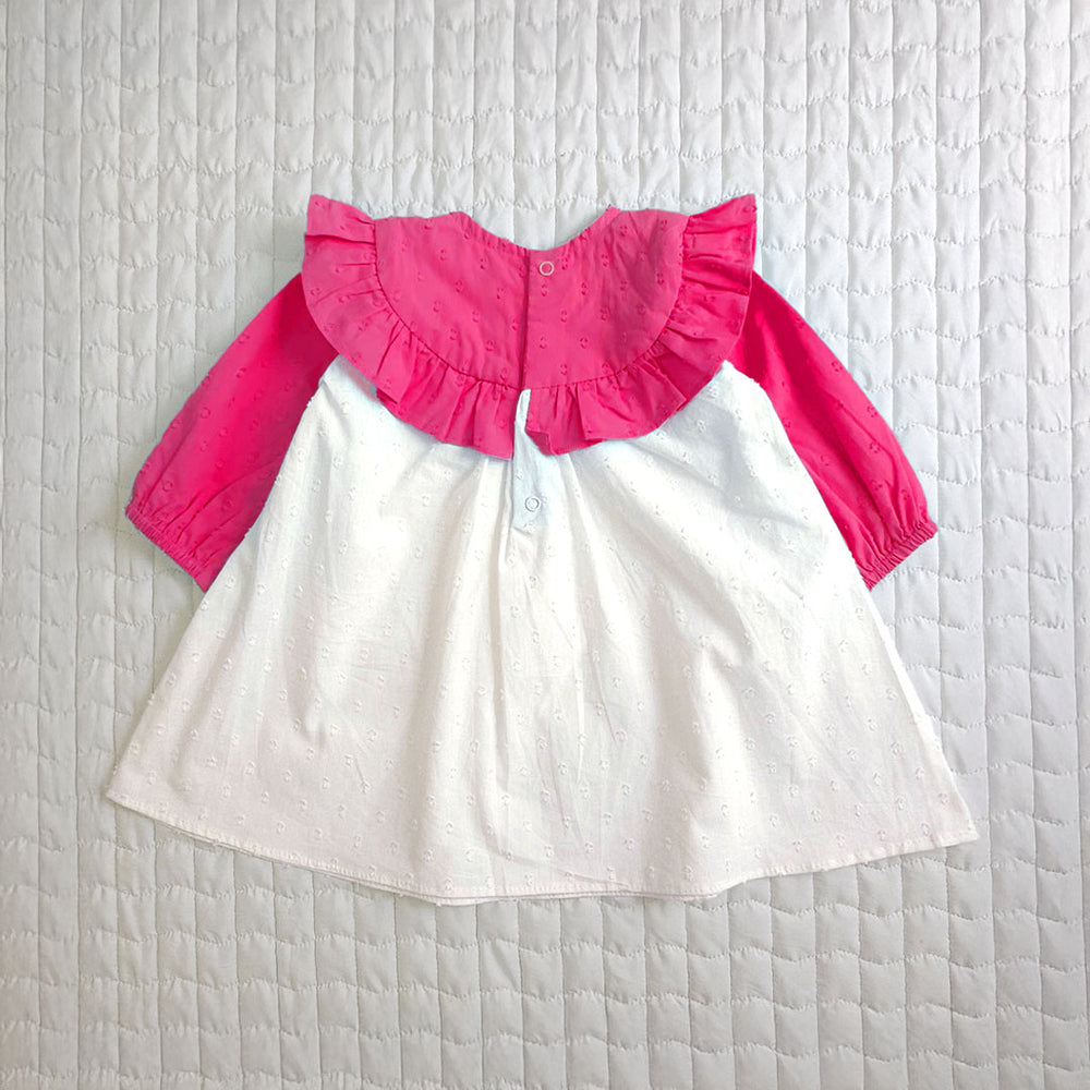 Girls Embroidered Hot Pink and White Puffed Sleeve Dress - Garland of Flowers