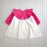 Girls Embroidered Hot Pink and White Puffed Sleeve Dress - Garland of Flowers
