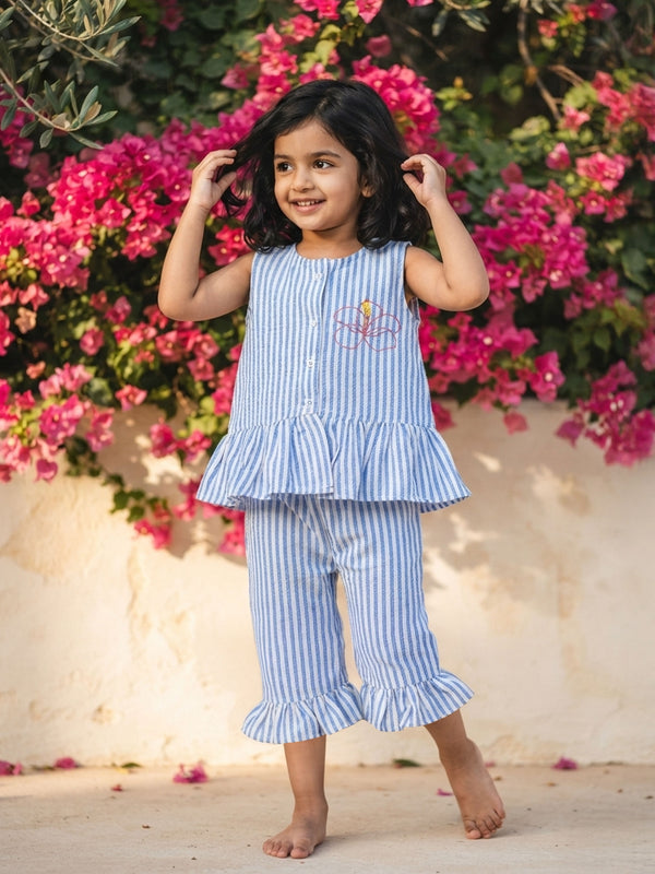 Girls Embroidered Blue and White Coord Set - Hibiscus