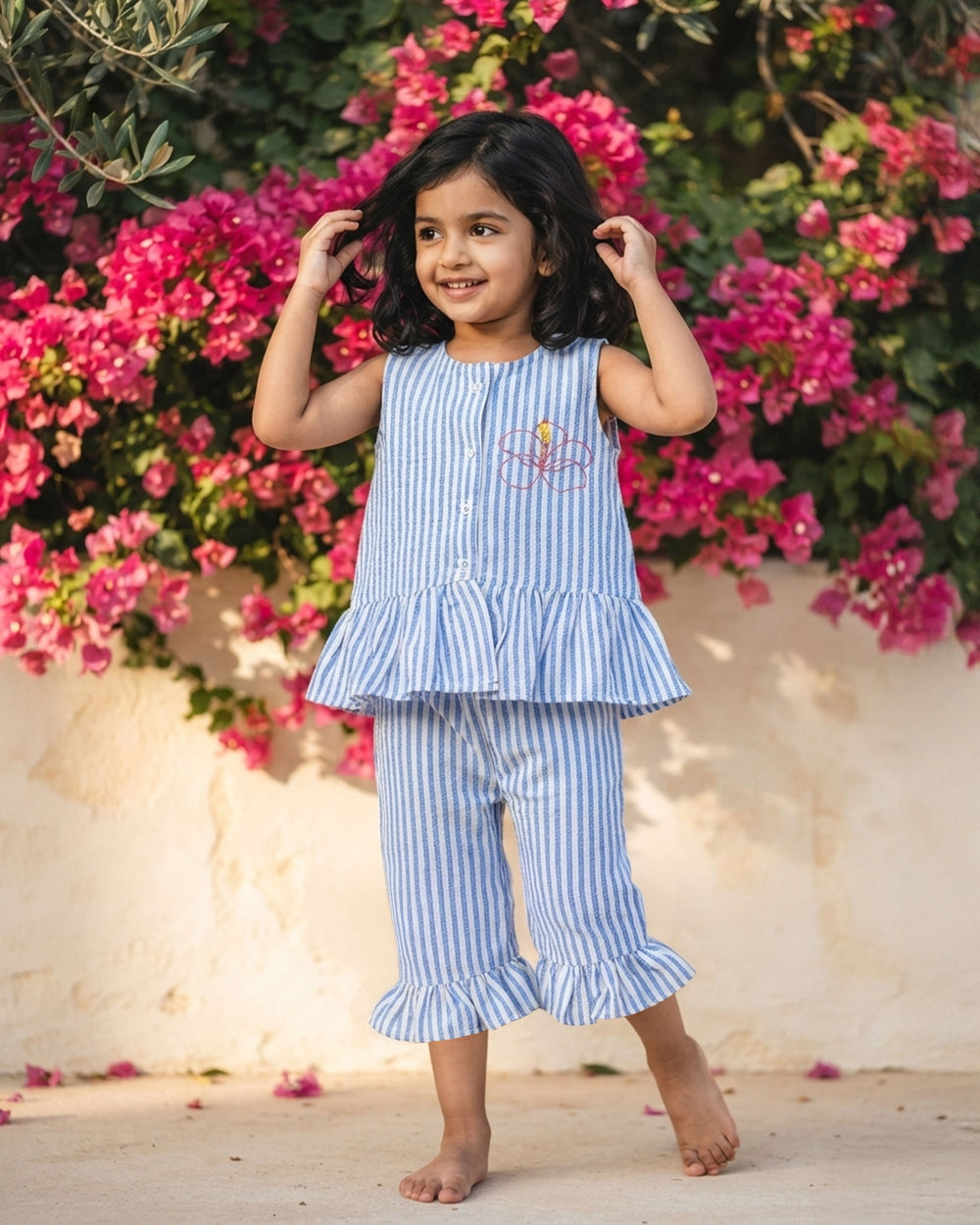 Girls Embroidered Blue and White Coord Set - Hibiscus