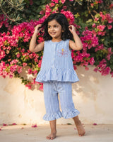 Girls Embroidered Blue and White Coord Set - Hibiscus