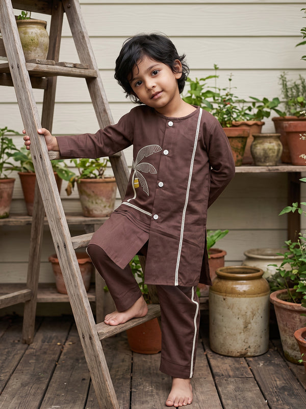 Boys Embroidered Choco Brown Kurta and Pajama Pants Set - Plantain