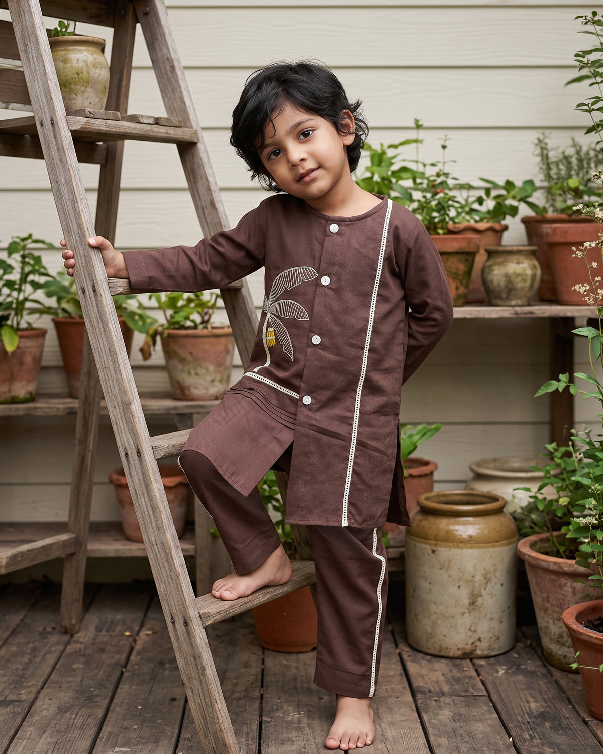 Boys Embroidered Choco Brown Kurta and Pajama Pants Set - Plantain