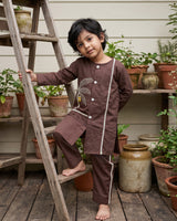 Boys Embroidered Choco Brown Kurta and Pajama Pants Set - Plantain