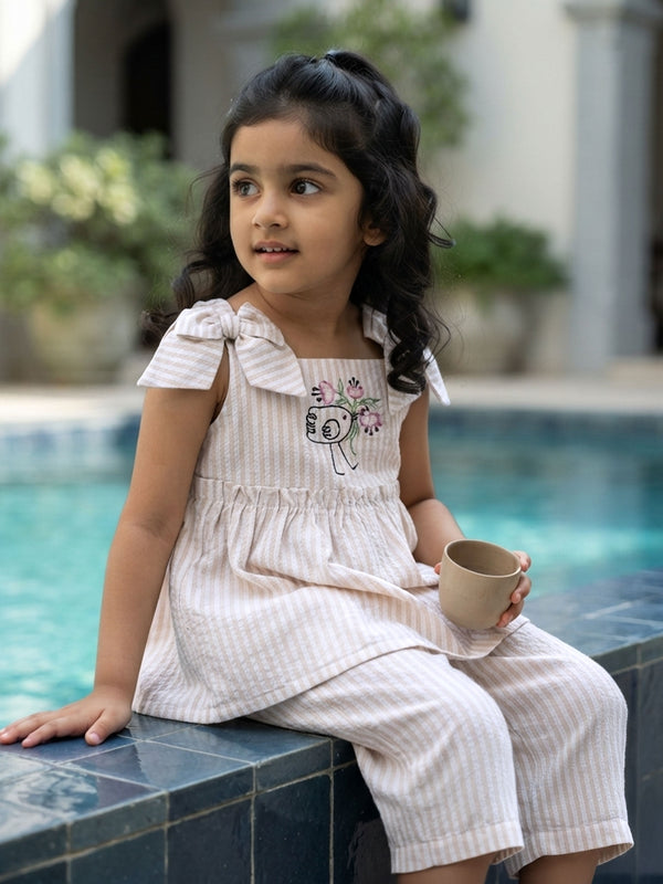 Girls Embroidered Beige and White Coord Set - Birdie with Flowers