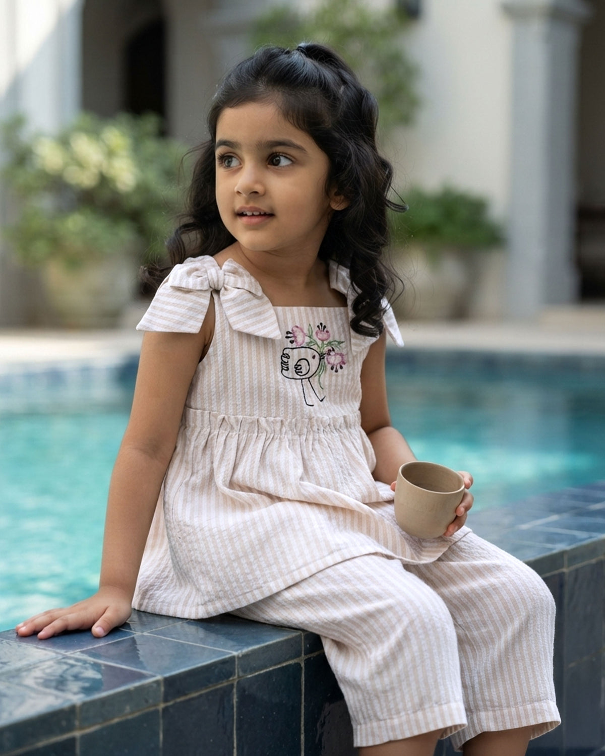 Girls Embroidered Beige and White Coord Set - Birdie with Flowers