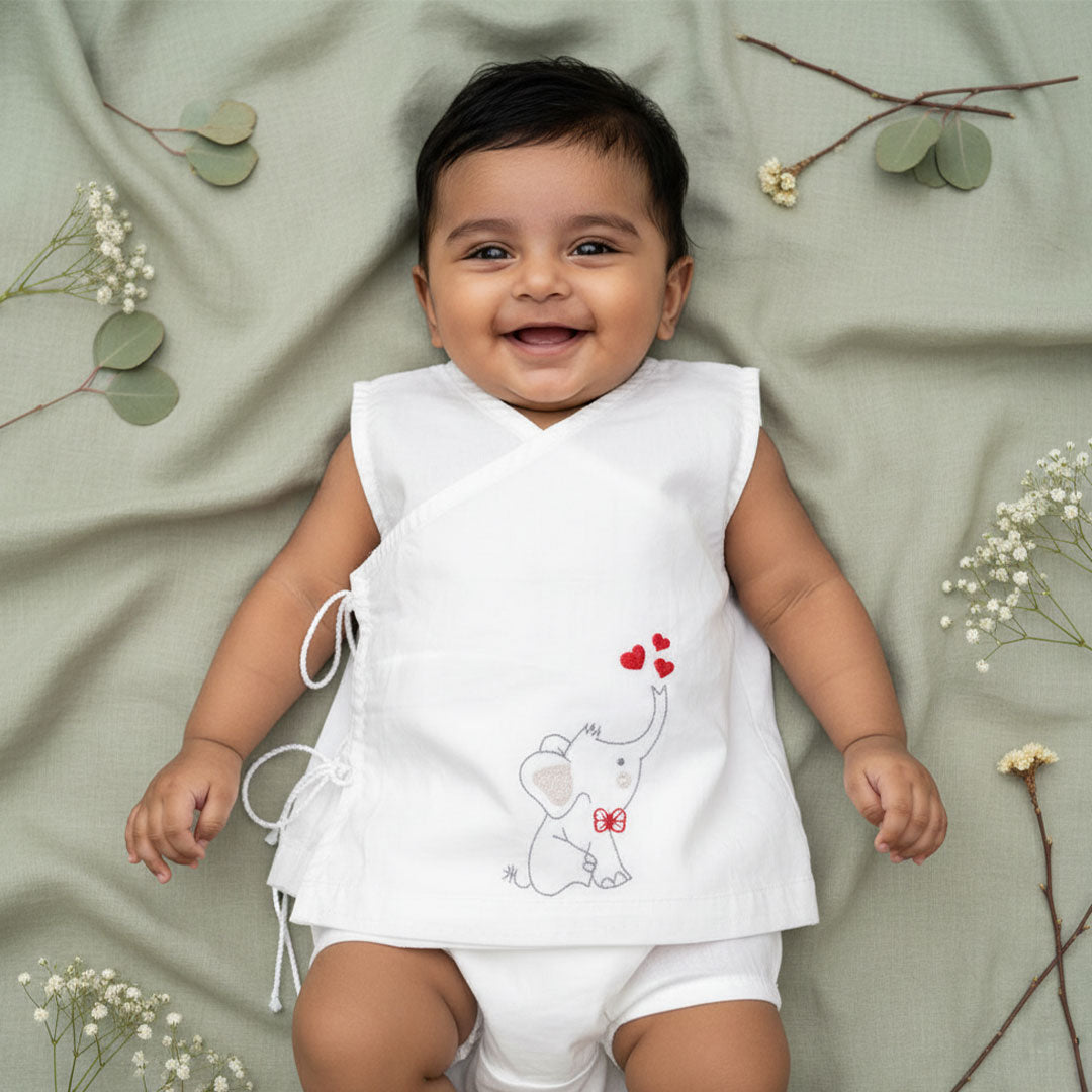 Organic Cotton Sleeveless Embroidered Baby Jabla - Elephant