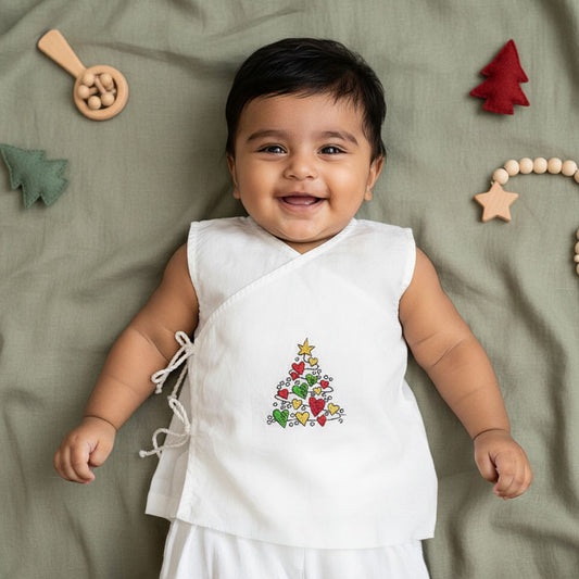 Organic Cotton Sleeveless Embroidered Baby Jabla - Xmas Tree