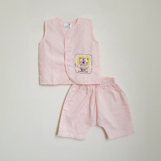 Organic Cotton Front-open Embroidered Jhabla Set - Peach- Sweet Lion