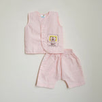 Organic Cotton Front-open Embroidered Jhabla Set - Peach- Sweet Lion