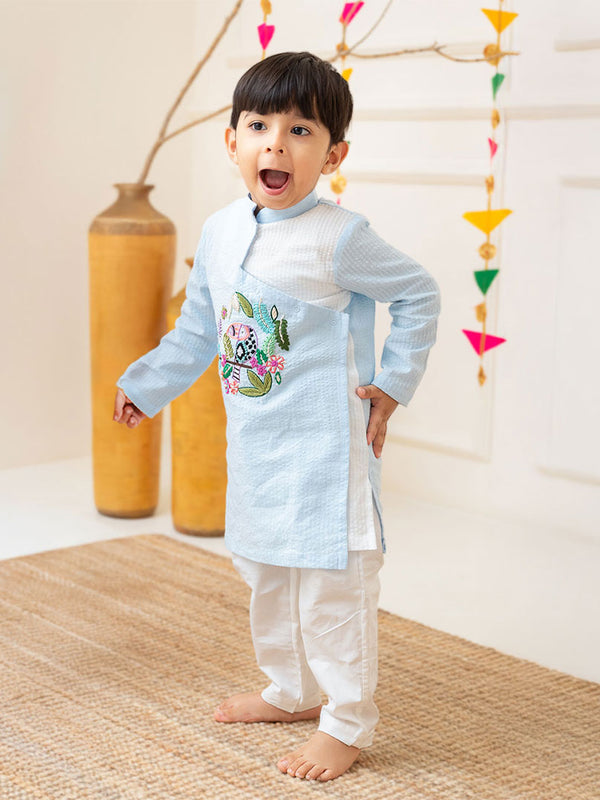 Boys Embroidered Light Blue Angarkha Kurta paired with Pajama Pants - Toucan