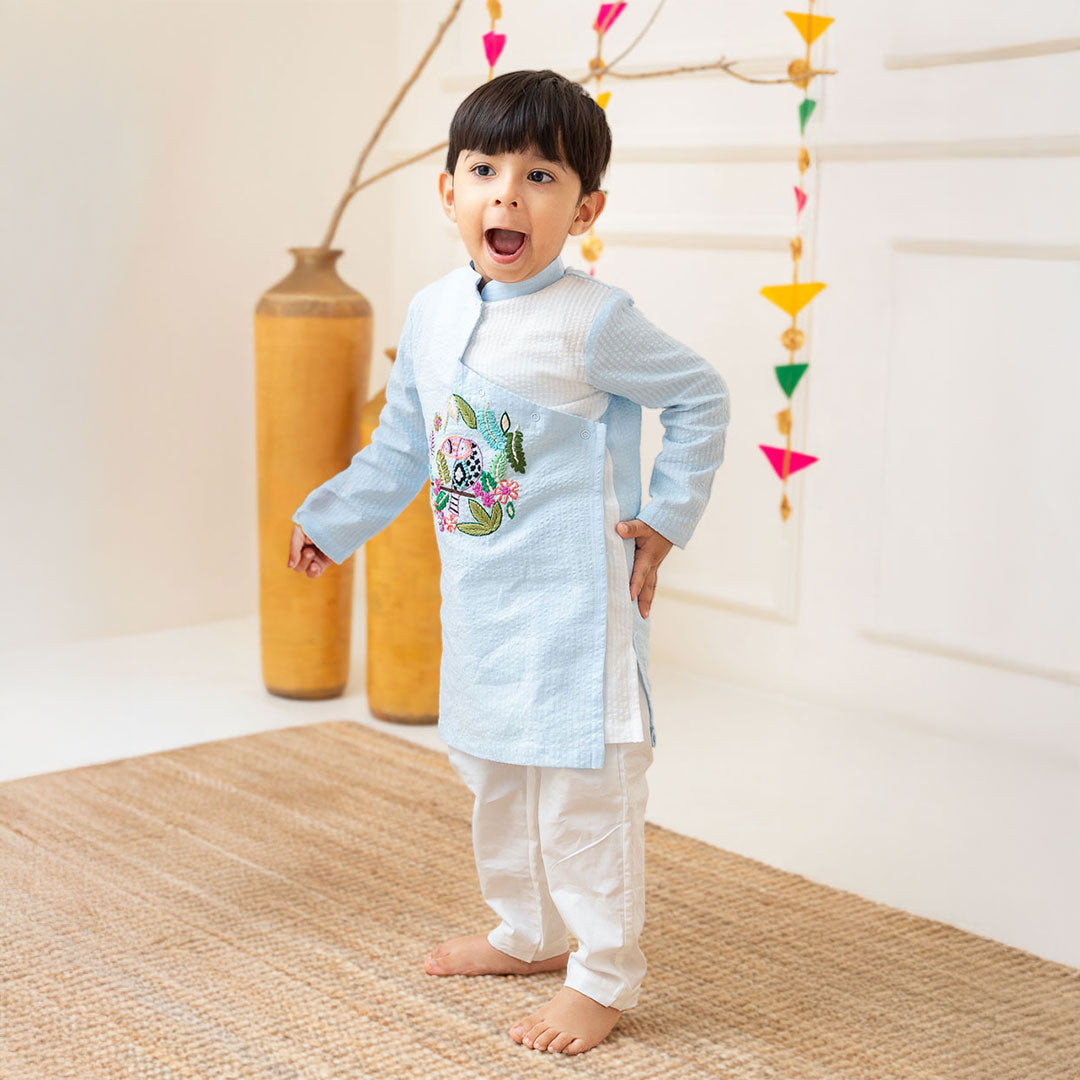 Boys Embroidered Light Blue Angarkha Kurta paired with Pajama Pants - Toucan