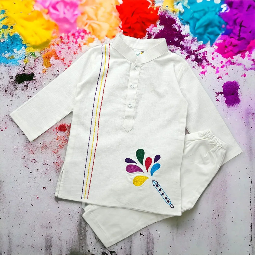 Baby Boy Embroidered White Kurta paired with Pajama Pants - Holi Pichkari