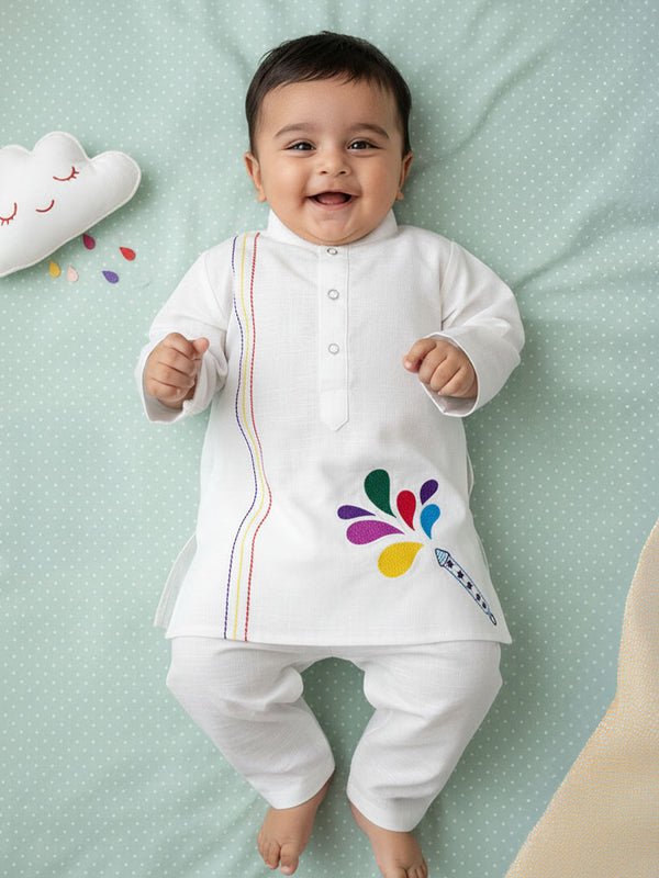 Baby Boy Embroidered White Kurta paired with Pajama Pants - Holi Pichkari