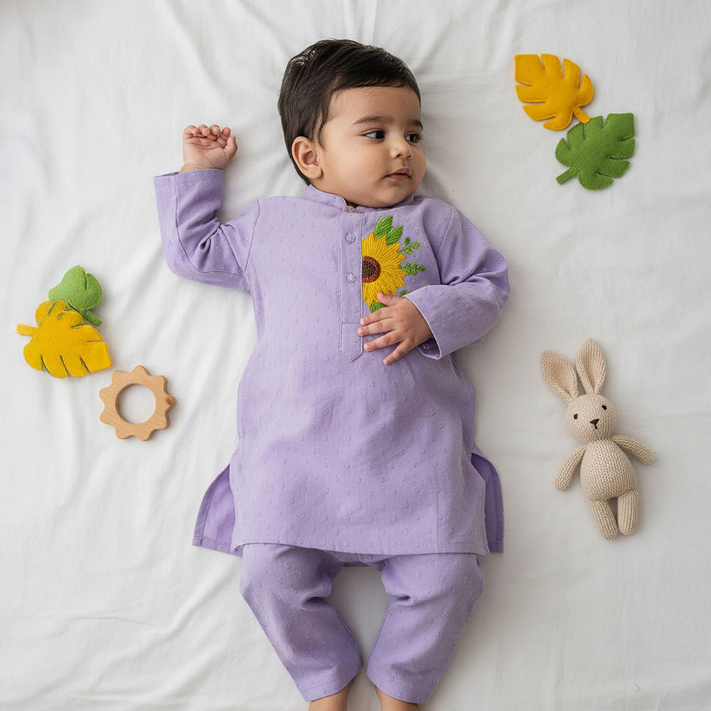 Baby Boy Embroidered Lilac Kurta paired with Pajama Pants - Sunflower