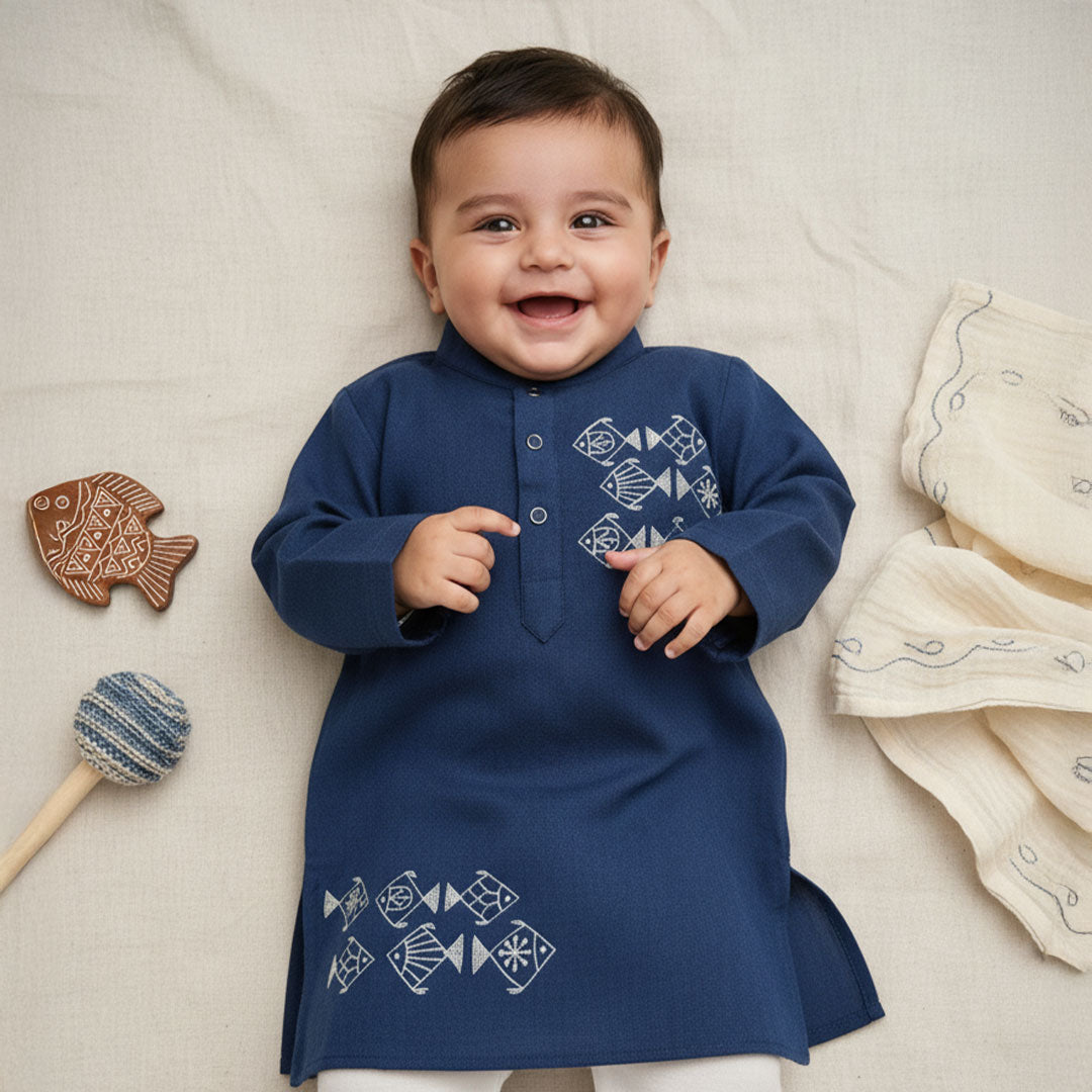 Baby Boy Embroidered Kurta - Fishes