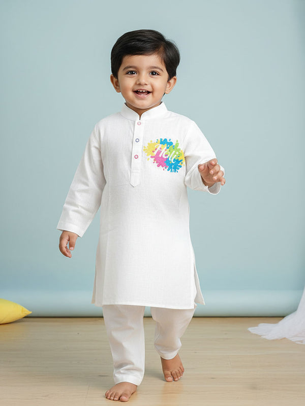 Boys Embroidered White Kurta paired with Pajama Pants - 'Holi'