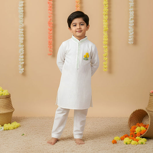 Organic Cotton Embroidered White Kurta paired with Pajama Pants - Marigold