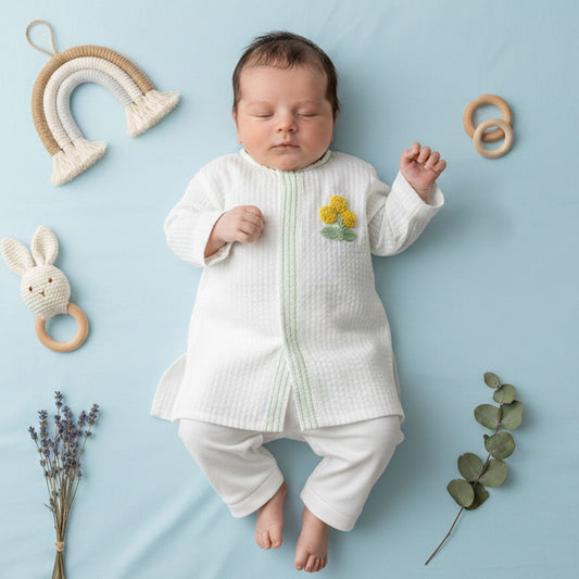 Keebee Organic Cotton Newborn Boys Textured White Kurta Set - Marigold