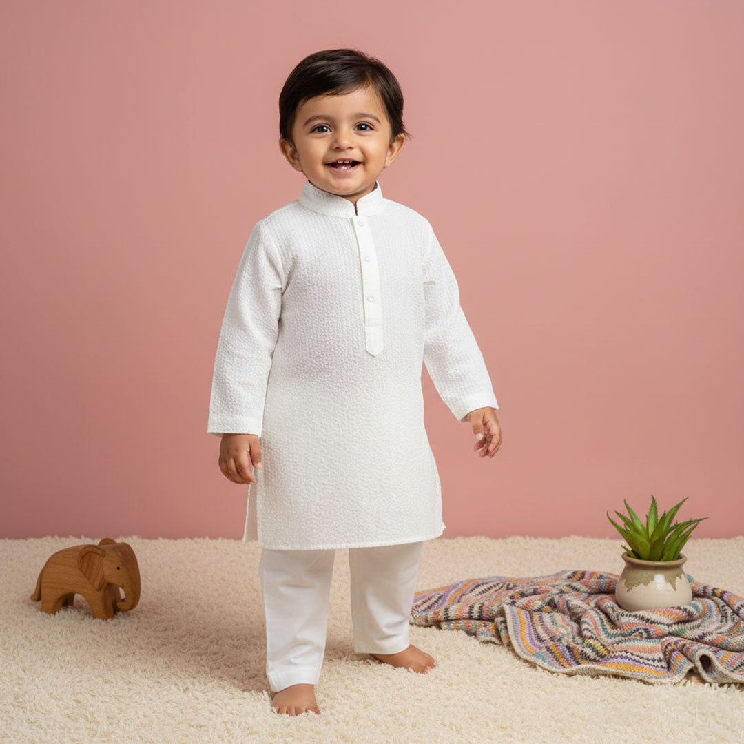 Keebee Organic Cotton Textured Kurta paired with Pajama Pants - White