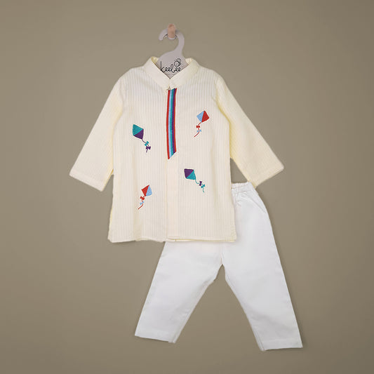 Keebee Organic Cotton Yellow Embroidered Kurta paired with Pajama Pants - Kites