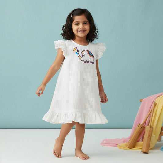 Keebee Organic Cotton Hand Embroidered White Baby Girl Blossom Dress - Elephant