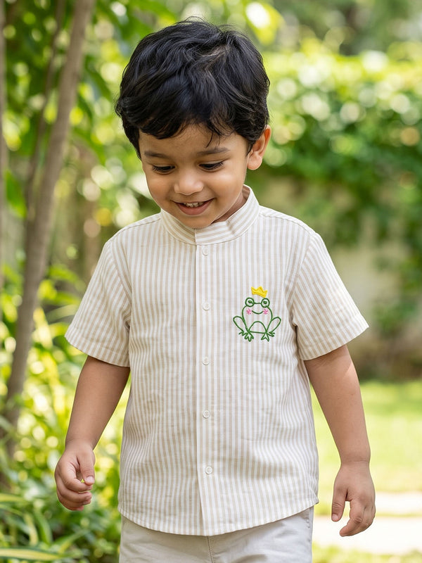 Boys Embroidered Beige and White Shirt - Frog the Prince