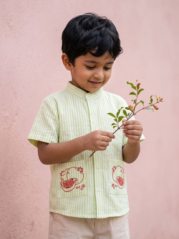 Boys Embroidered Lime Green and White Shirt with Pockets - Pomegranates