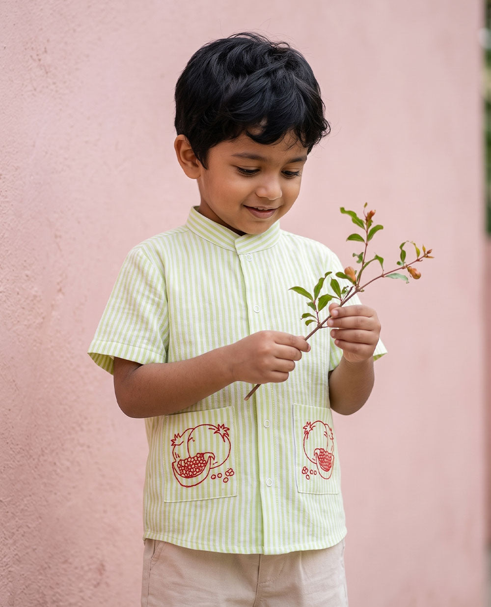 Boys Embroidered Lime Green and White Shirt with Pockets - Pomegranates