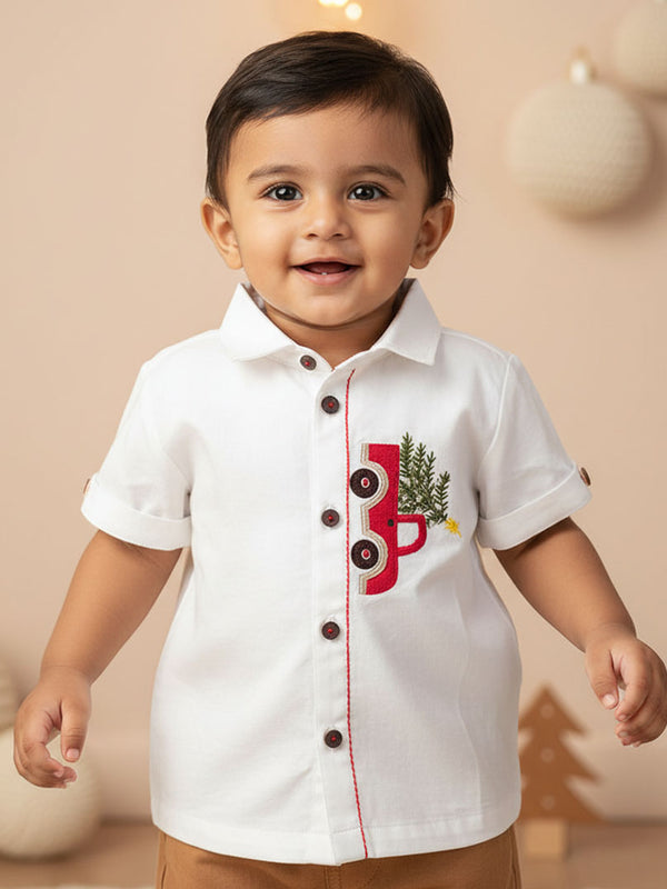 Embroidered Half Sleeve Shirt - Christmas Truck