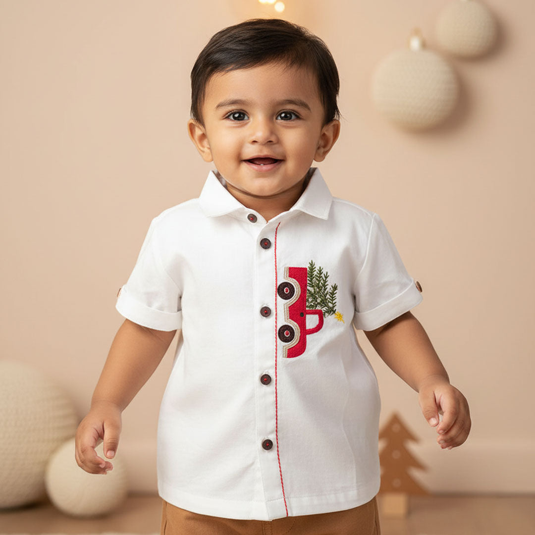 Embroidered Half Sleeve Shirt - Christmas Truck