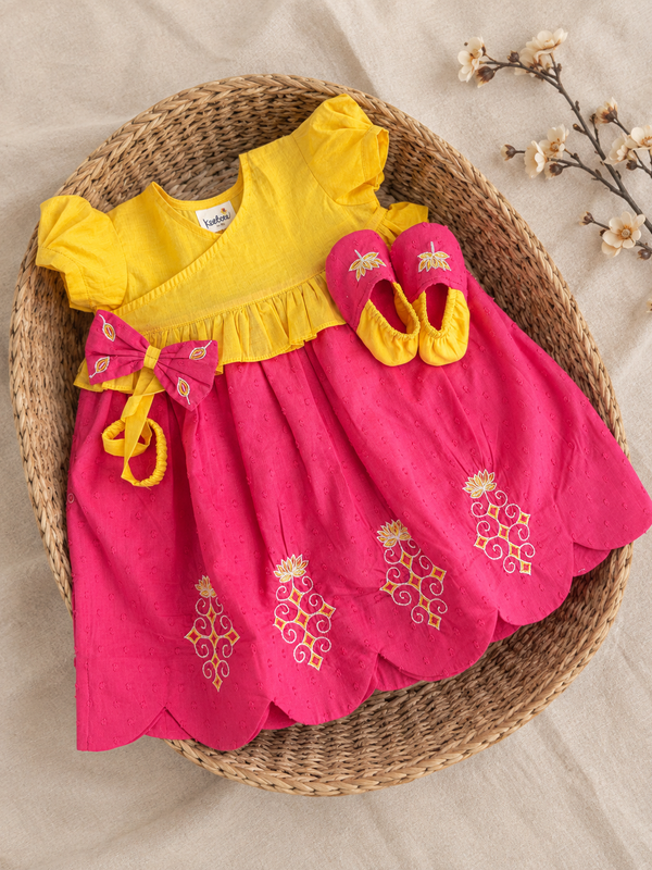 Baby Girl Pink and Yellow Wrap Style Lehenga and Accessories Set - Lotus Pond