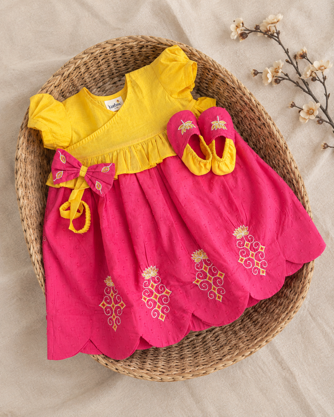 Baby Girl Pink and Yellow Ethnic Maxi Dress and Accessories Set - Lotus Pond