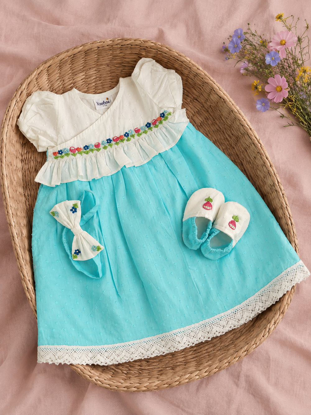 Baby Girl Turquoise Blue and White Ethnic Maxi Dress and Accessories Set - Wild Flowers