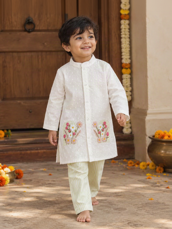 Boys White and Green Embroidered Kurta and Pajama Pants Set - Bloom in Window