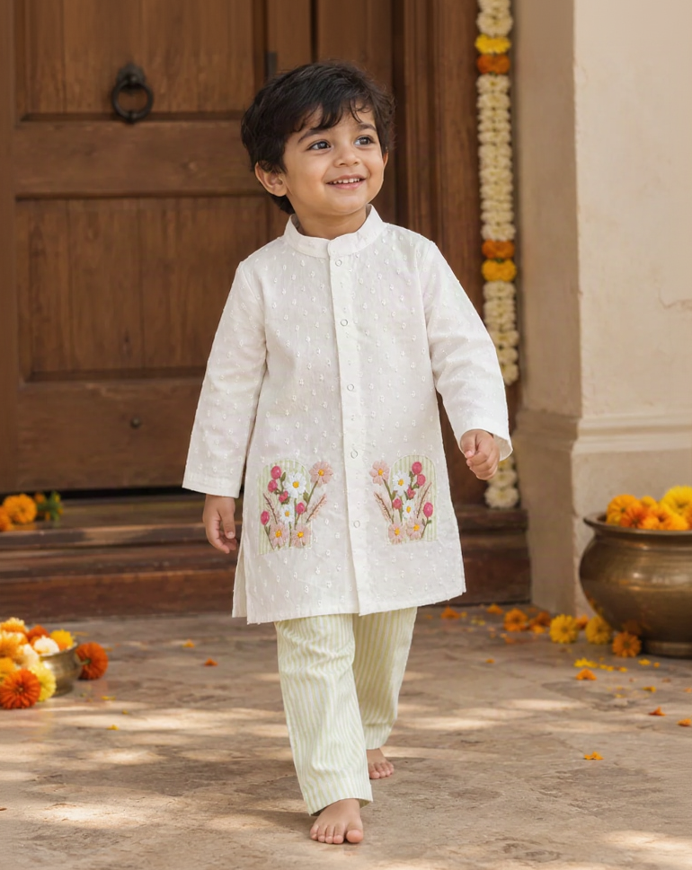 Boys White and Green Embroidered Kurta and Pajama Pants Set - Bloom in Window