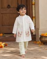Boys White and Green Embroidered Kurta and Pajama Pants Set - Bloom in Window