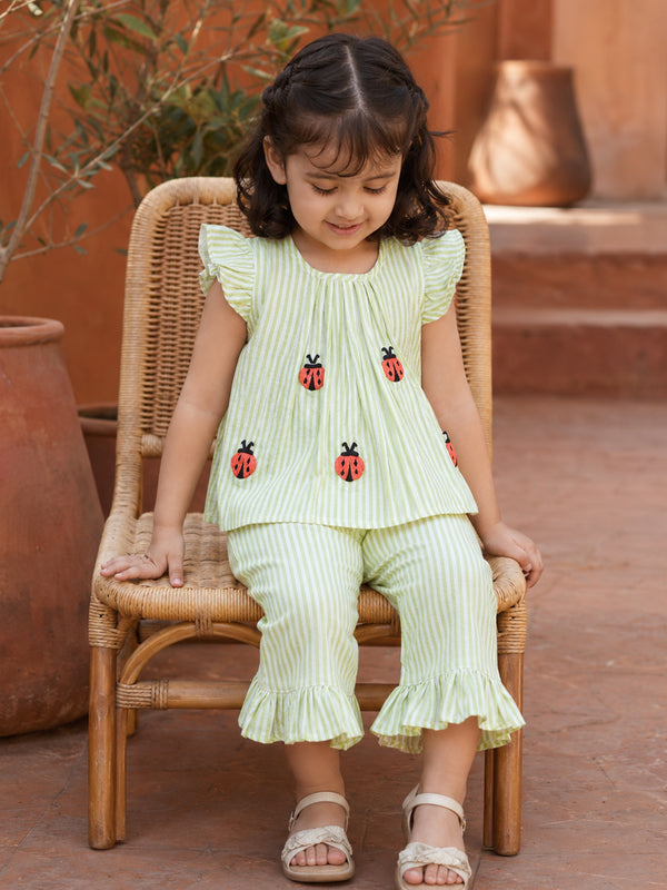 Girls Embroidered Green and White Coord Set - Lady Bugs