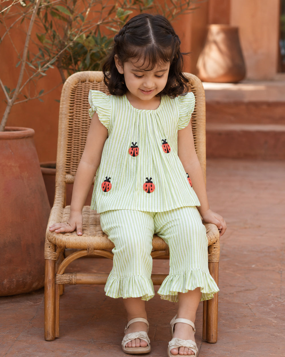 Girls Embroidered Green and White Coord Set - Lady Bugs
