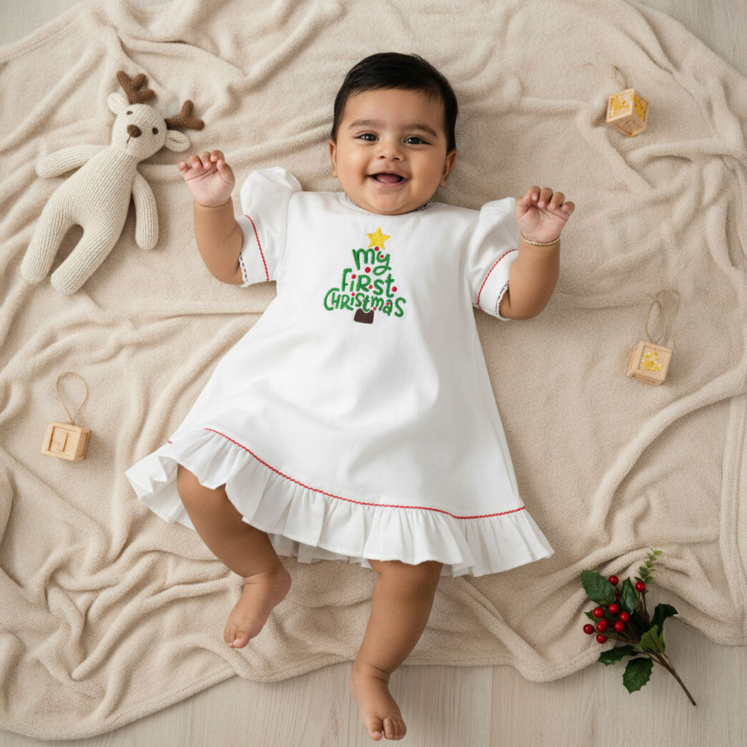 Keebee Organic Cotton Embroidered Baby Girl White Puff Sleeve Dress - 'My First Christmas'