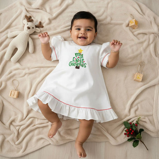 Keebee Organic Cotton Embroidered Baby Girl White Puff Sleeve Dress - 'My First Christmas'