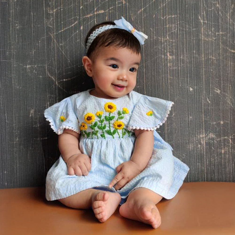 Organic Cotton Embroidered Girls Blue Dress - Sunflower
