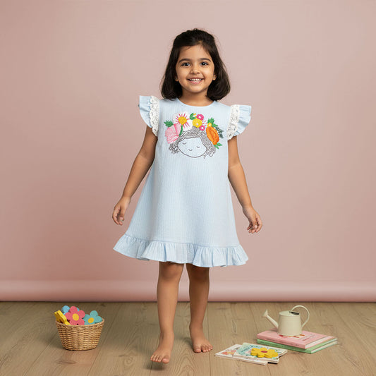 Keebee Organic Cotton Hand Embroidered Blue Baby Girl Dress - Blossom