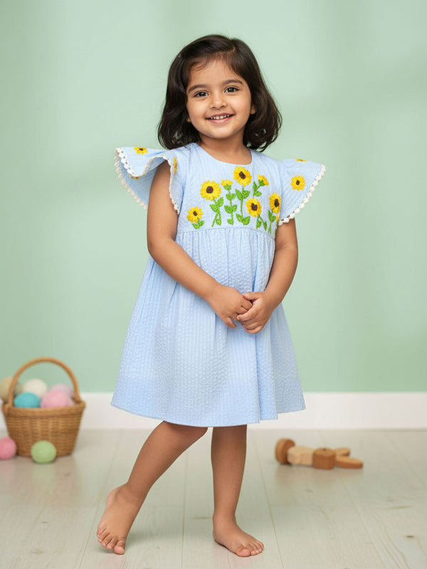 Girls Embroidered Blue Dress - Sunflower Garden