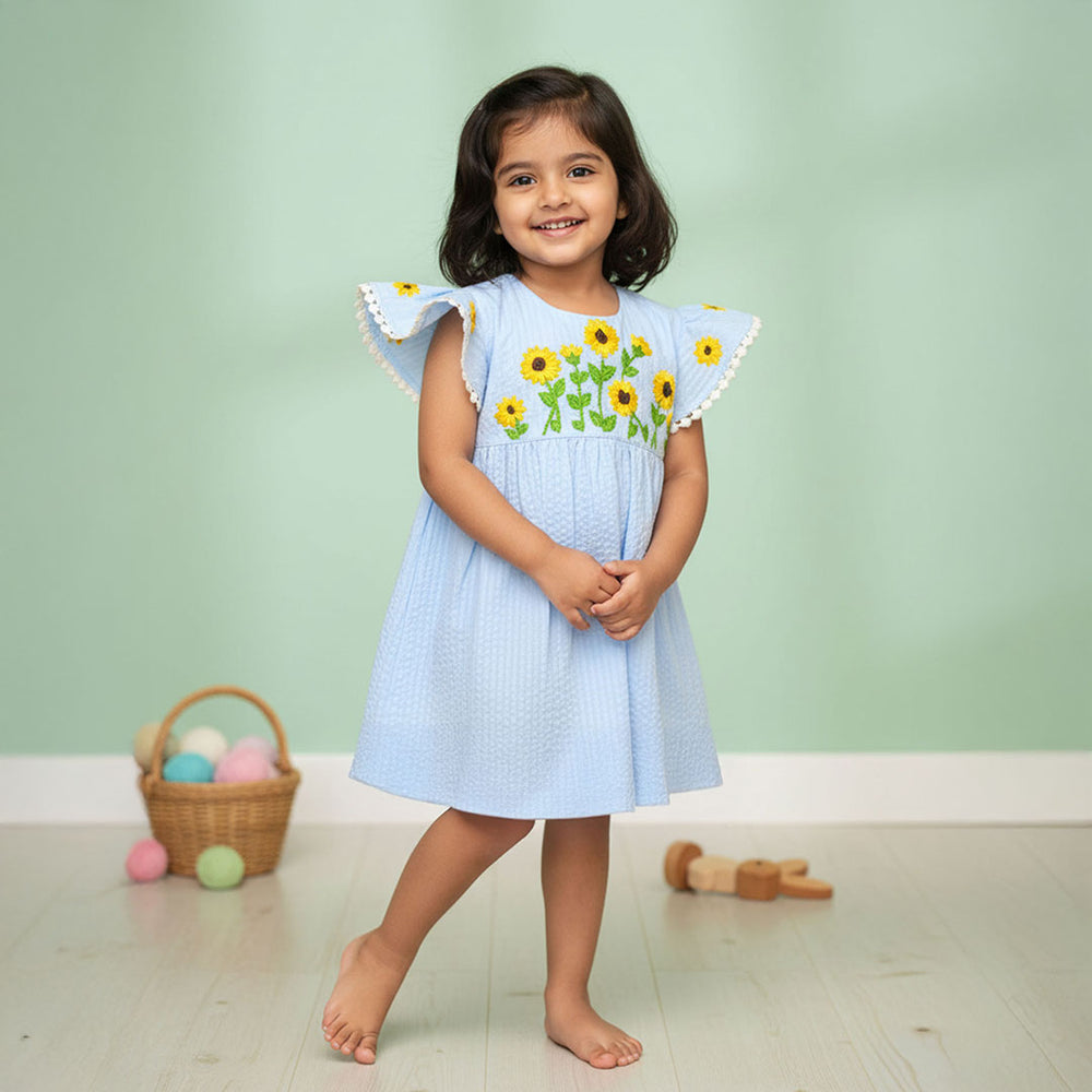 Girls Embroidered Blue Dress - Sunflower Garden