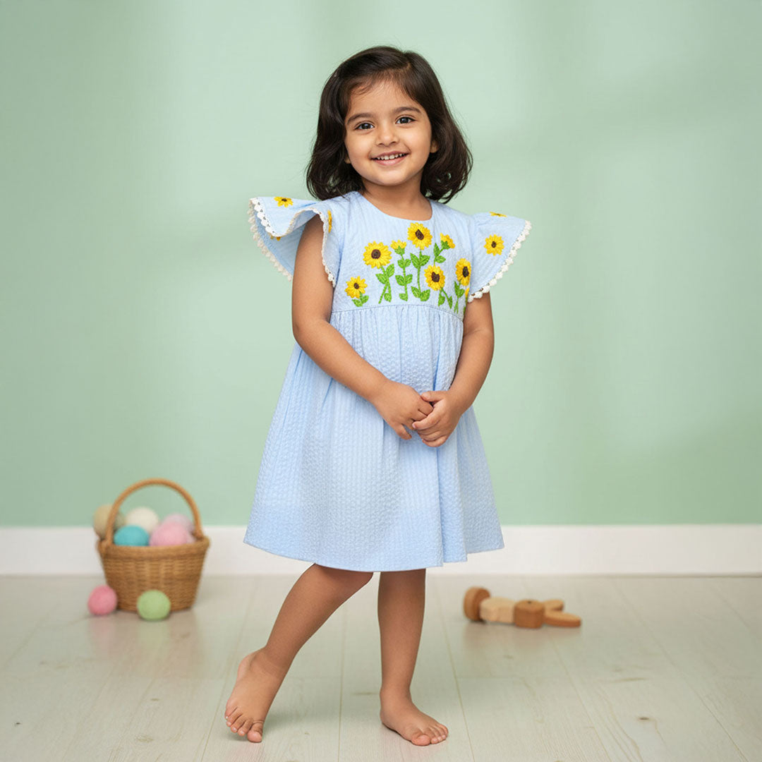 Organic Cotton Embroidered Girls Blue Dress - Sunflower
