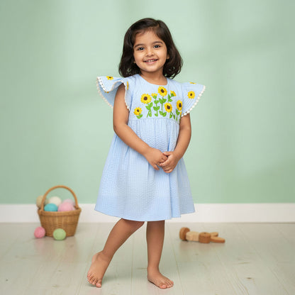 Embroidered Blue Dress - Sunflower Garden