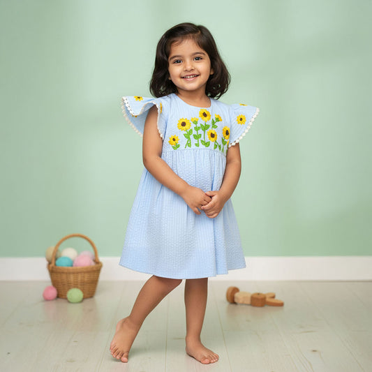 Organic Cotton Embroidered Girls Blue Dress - Sunflower